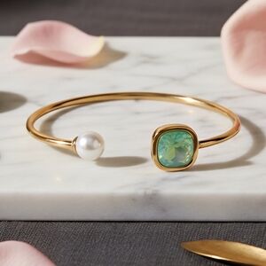 18K Gold Plated Open Cuff Bangle Bracelet Pearl & Green Crystal Accent